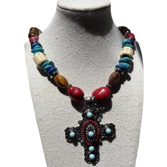 Vintage Turquoise Cross Religious Pendant Necklace Red Branch Coral Sz 23” - Picture 1 of 12